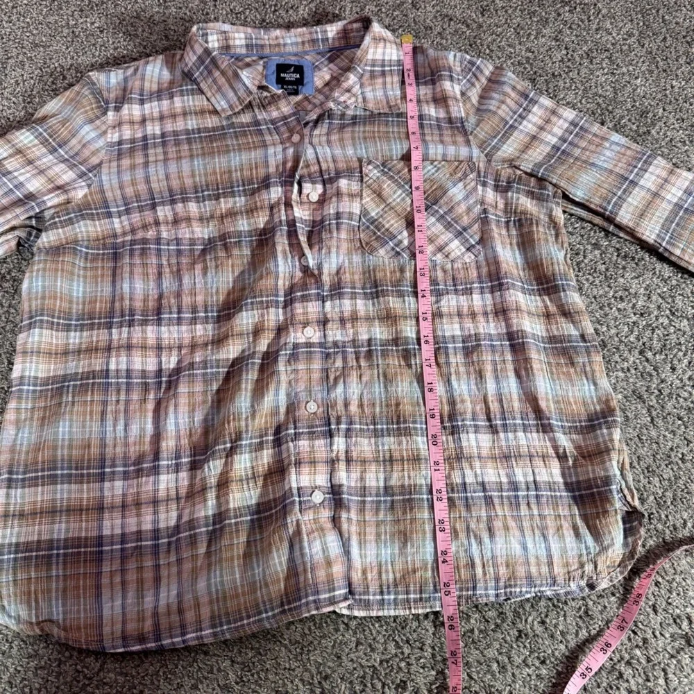 Nautica Jeans Women's Plaid Long Sleeve‎ Button Down Shirt XL Beige Blue